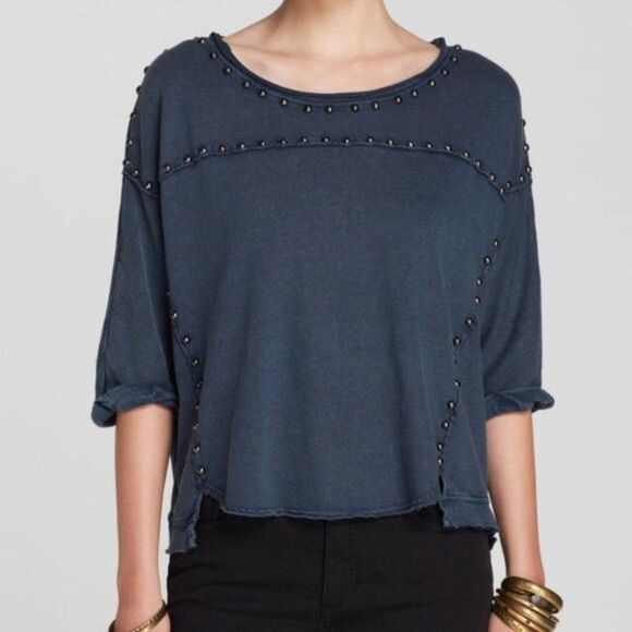 Free People Dillon Knit Top Studded Blue Lagenlook Blue Size Small - Picture 1 of 8